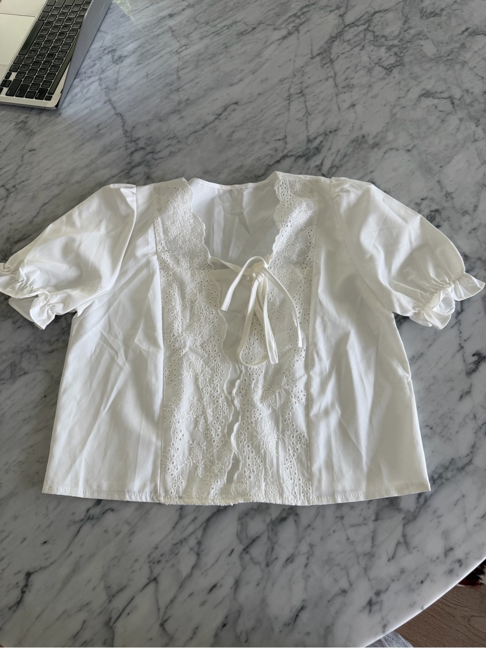 Vintage White Lace-Trim Tie-Front Women's Top